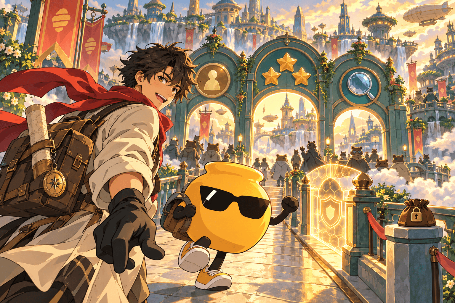 An anime courier and a honey pot enter a floating city through three arches marked with an identity silhouette, stars, and a magnifier.