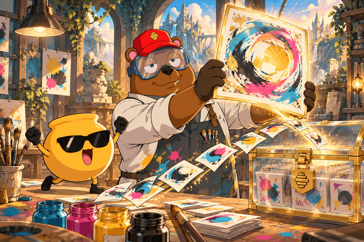 Professor Pot presents a finished painting beside a honey pot and a locked transparent chest that still holds the source art cards.