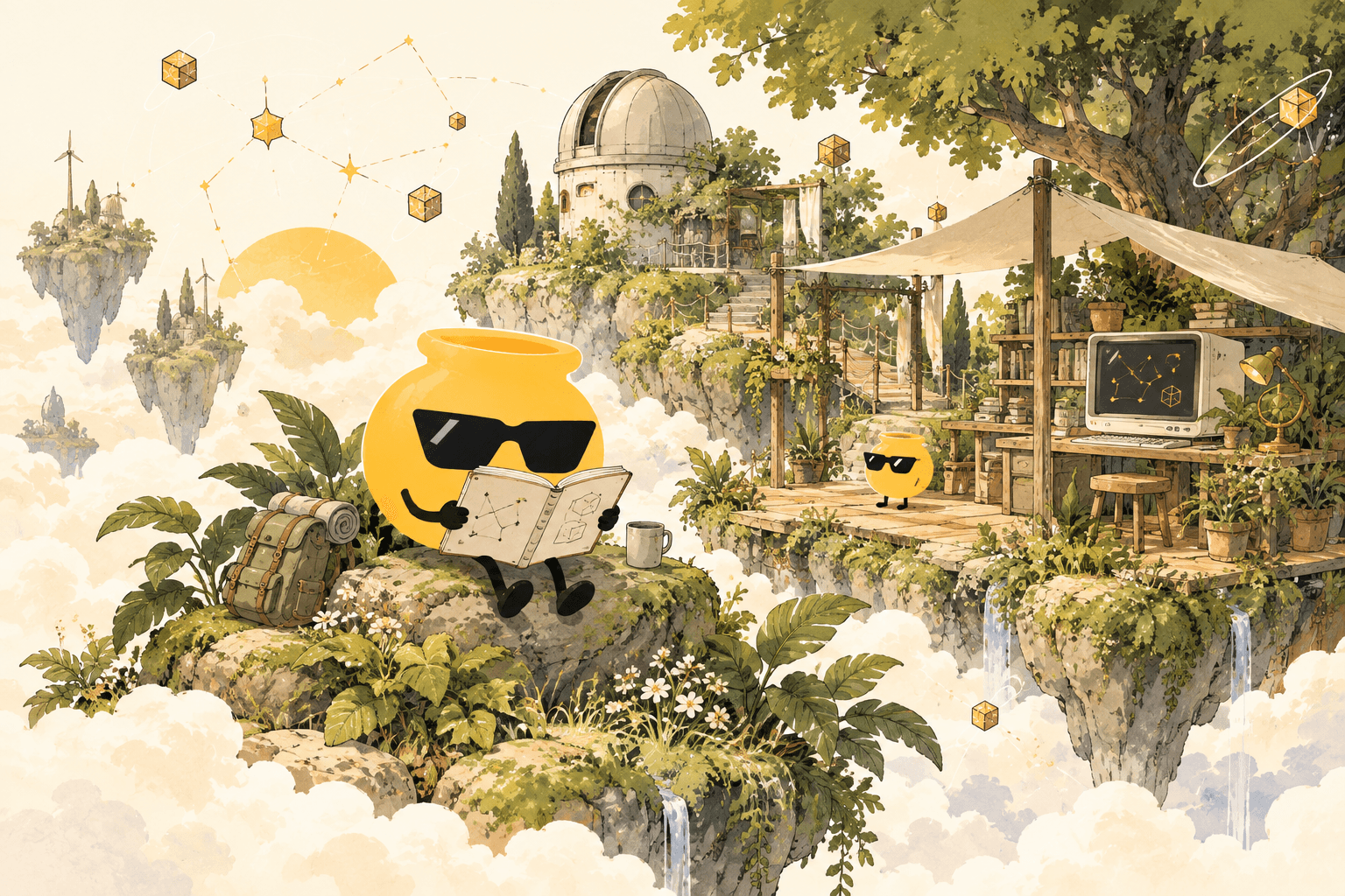 An anime-inspired world of floating islands, with a sunglasses-wearing honey pot reading beside a curious explorer.