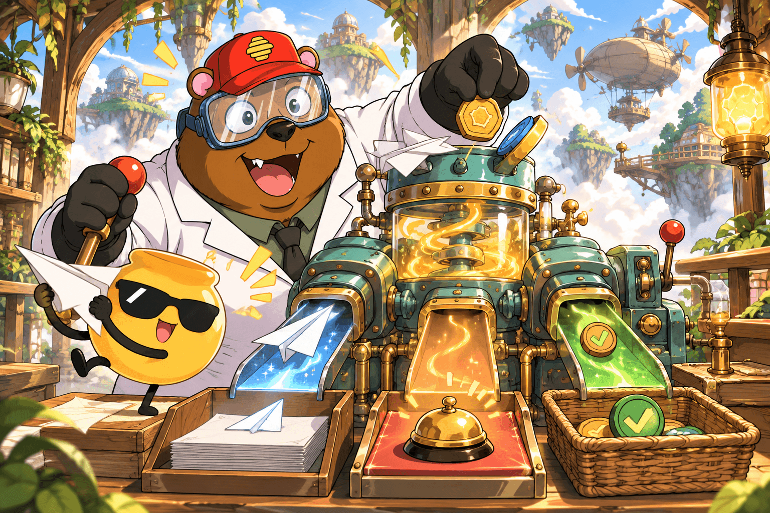 Professor Pot and a honey pot run a colorful sorting machine with separate chutes for paper planes, a review bell, and approved tokens.