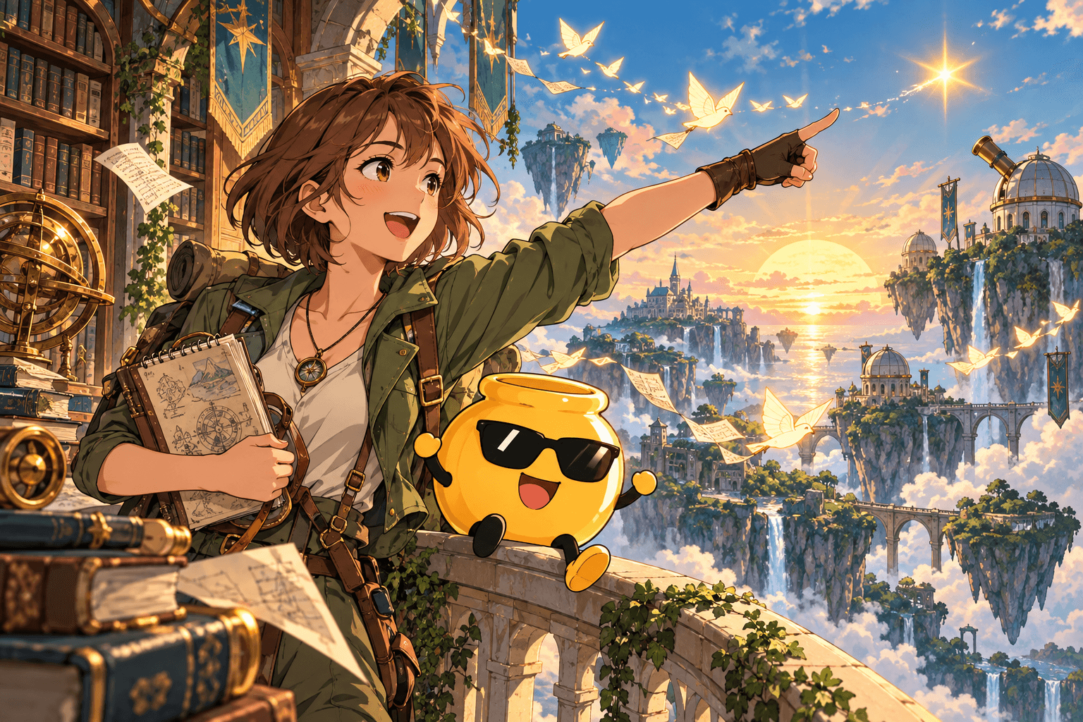 An anime explorer and a sunglasses-wearing honey pot watch glowing paper birds carry ideas between a library and floating islands.