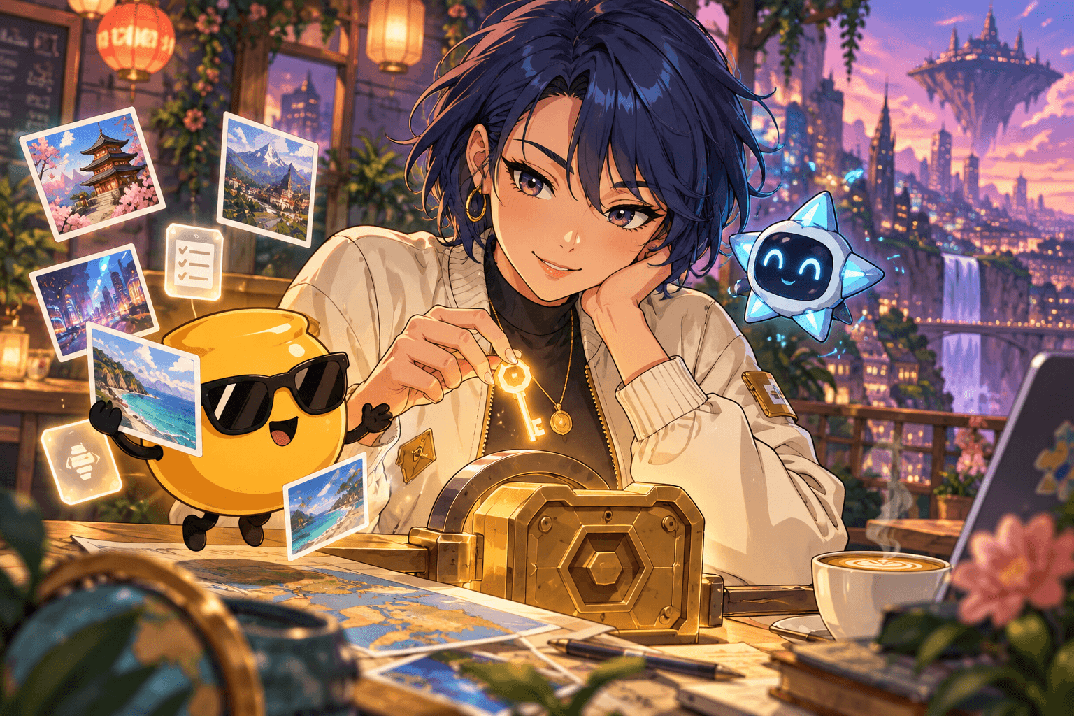 An anime traveler holds a glowing key beside a honey pot, floating travel plans, and a star-shaped AI companion in a twilight café.