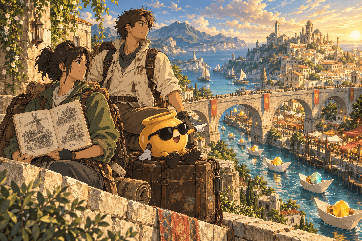 Two fictional anime builders and a sunglasses-wearing honey pot look across a stone bridge toward a sunlit harbor city, carrying a worn sketchbook and travel suitcase.